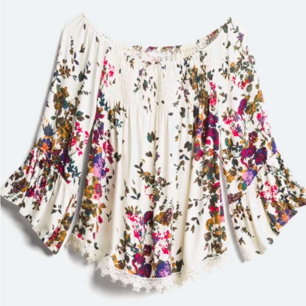 LUQ Juliet crocheted detail smock knit floral cream top size small